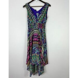 Rabbit Rabbit Designs‎ Babydoll Midi Dress Sz 4 Purple Abstract Artsy Statement